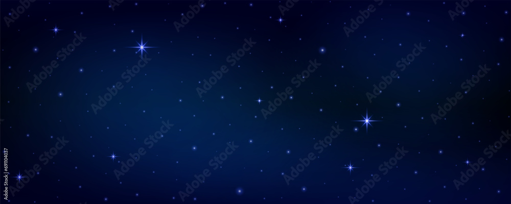 Concept of web banner. Magic color galaxy. Horizontal space background with realistic nebula, stardust and shining stars. Infinite universe and starry night sky.