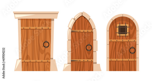 Wooden Medieval Doors, Adorned with Ironwork, Brick Frames And Wood, Evoke A Sense Of History And Mystery