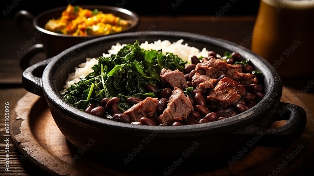 Indulge in Feijoada, Brazil's rich and hearty stew of black beans and pork, traditionally served with rice, collard greens, orange slices, and farofa Indulge in Feijoada, Brazil's rich and hearty stew of black beans and pork, traditionally served with rice, collard greens, orange slices, and farofa