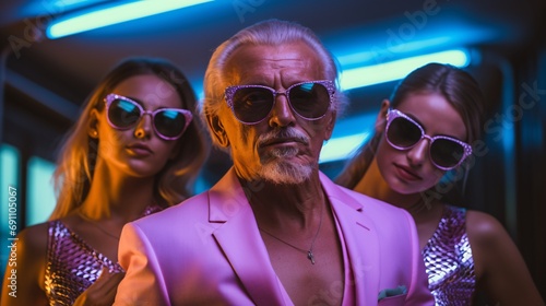 An elderly man wearing sunglasses and colorful clothes  with two beautiful blonde girls, surrounded by neon colorful lights. photo