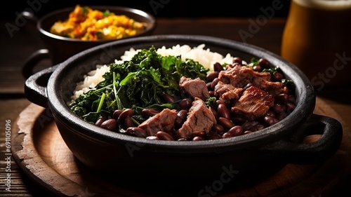 Indulge in Feijoada, Brazil's rich and hearty stew of black beans and pork, traditionally served with rice, collard greens, orange slices, and farofa photo