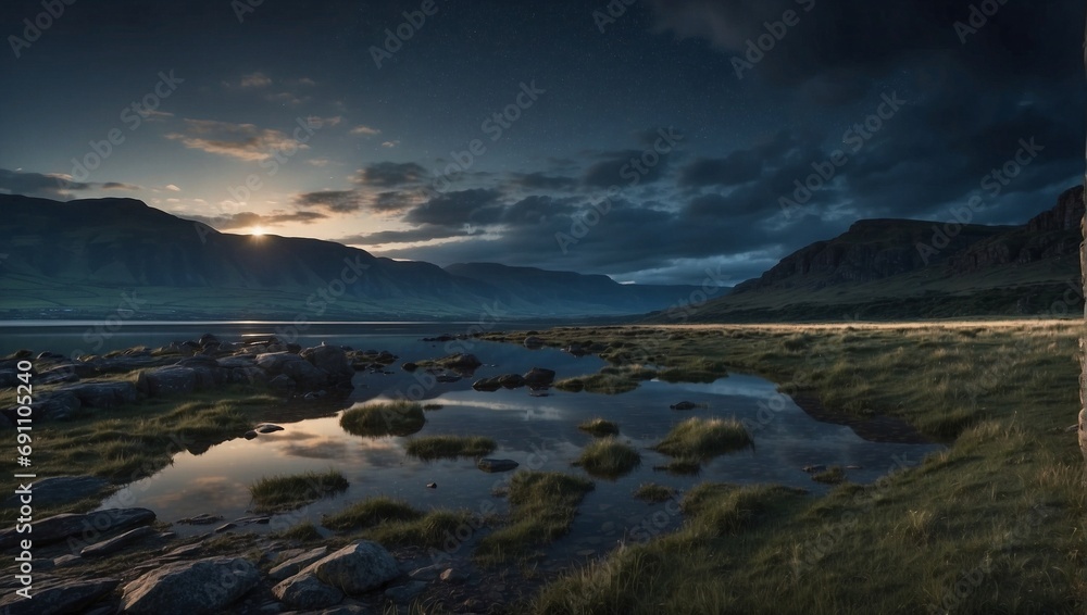 Calm Night Reflections in a Mountain Valley. Generative AI Calm Night Reflections in a Mountain Valley. Generative AI