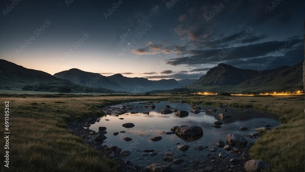 Fototapeta premium Calm Night Reflections in a Mountain Valley. Generative AI