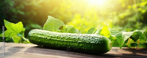 Cuccumber on the wooden table in green garden. Fresh Vegetable. Generative ai photo