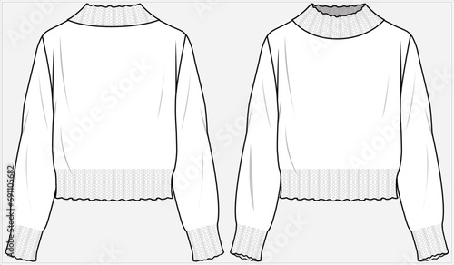 HIGH NECK FAIR ISLE SWEATER CARDIGAN DESIGNED FOR WOMEN AND GIRLS FRONT AND BACK FLAT SKETCH IN EDITABLE VECTOR ILLUSTRATION