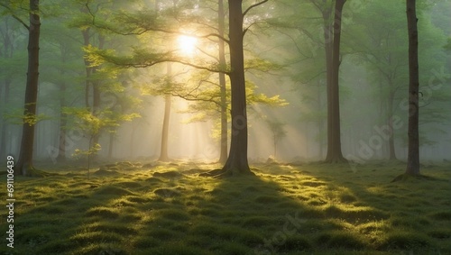 Backlit trees in the forest  fog at dawn. Generative AI