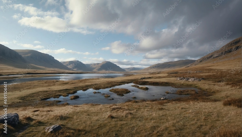 Majestic Mountain Landscape at Sunrise with Reflections on a Calm Wetland. Generativa AI