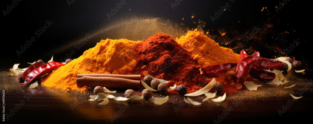 turmeric and chili powder with spices - obrazy, fototapety, plakaty 