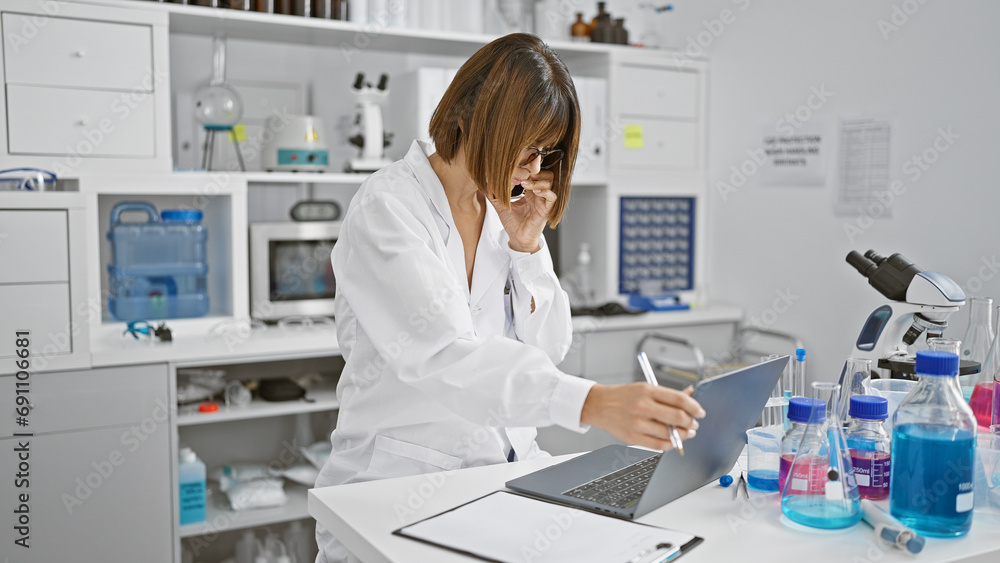 Engaging young hispanic woman scientist, an intellectual beauty, talking through smartphone while working on her laptop in a bustling laboratory Engaging young hispanic woman scientist, an intellectual beauty, talking through smartphone while working on her laptop in a bustling laboratory