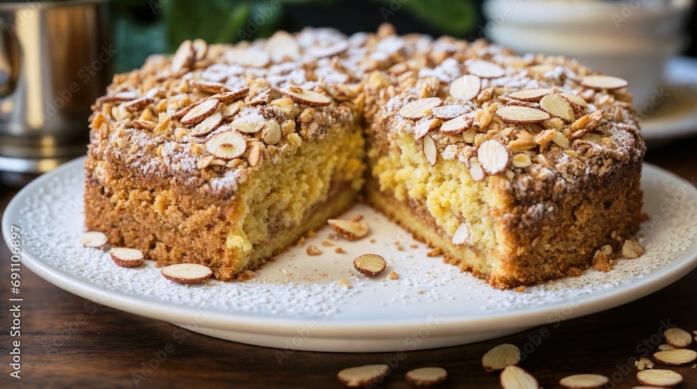 On a vintage cake stand stands an appetizing Streuselkuchen, a German breadcrumbs cake, whose golden crust shines through the sweet crumble topping.