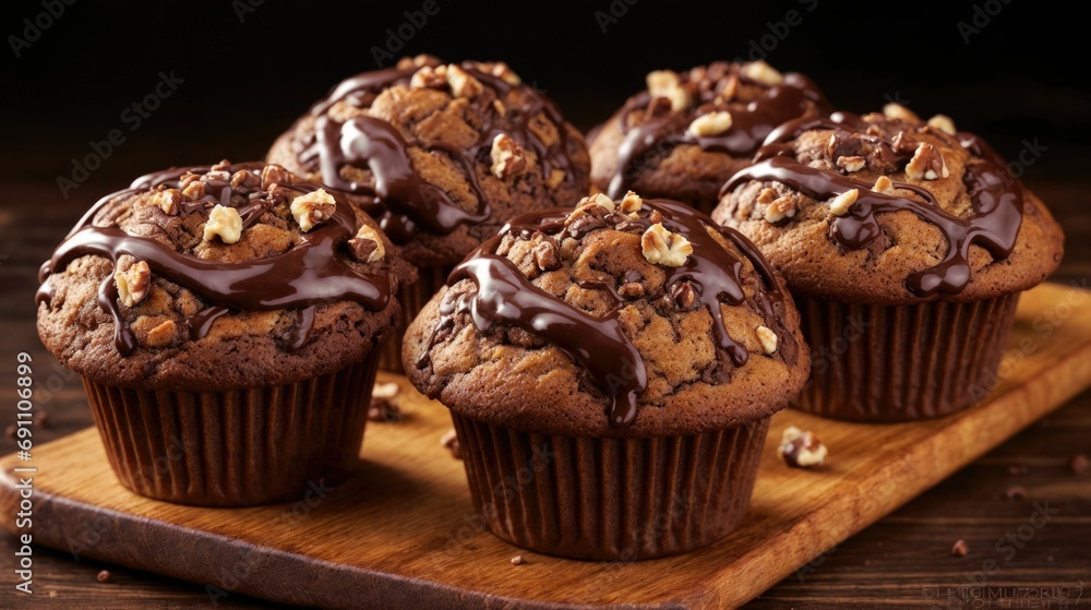 Hazelnut chocolate-filled muffins. The tantalizing scent of freshly baked pastries perfumes the air with notes of cocoa and sweet hazelnuts. 