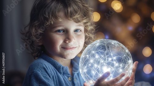 A little boy in a warm pajamas plays with a christmas ball against the backdrop of Christmas lights. Magical home New Year with children. 