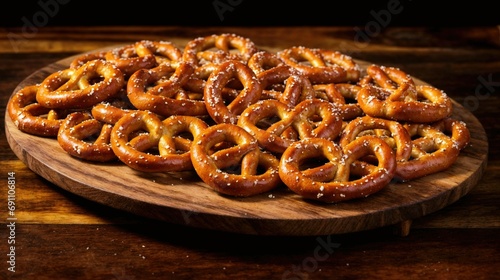 Arranged on a rustic wooden tray, pretzel cookies for the aperitif. Each golden cookie is meticulously detailed. photo