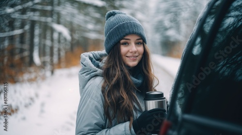 Attractive young woman trink coffee from thermos in front of car. Snowy forest