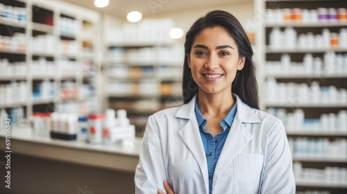 a smiling female doctor stands behind the counter of a pharmacy, surrounded by shelves filled with colorful medicines. 