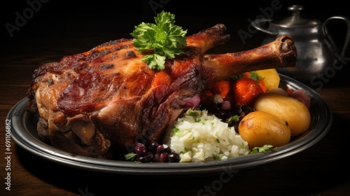 Eisbein, a traditional German dish, is presented on a rustic platter. It's a succulent, generous pork shank served with sauerkraut and mustard.