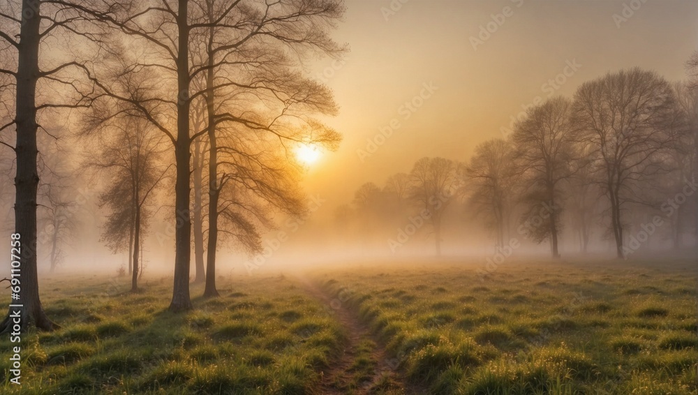 Foggy forest at dawn, twilight soft golden light. Generative AI. Foggy forest at dawn, twilight soft golden light. Generative AI.