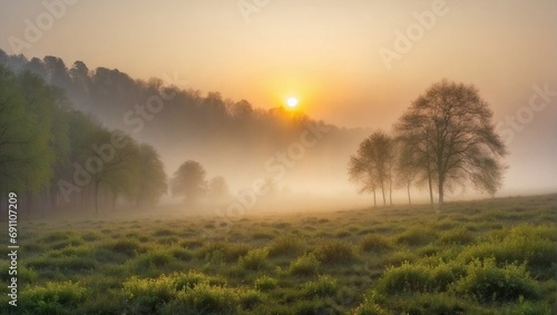 Foggy forest at dawn, twilight soft golden light. Generative AI.