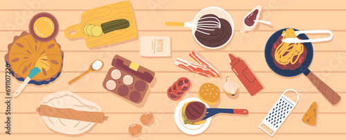 Cooking Items And Ingredients On Table Top View, Include Vegetables, Pasta and Sauce on Pan, Burger, Pastry, Cake