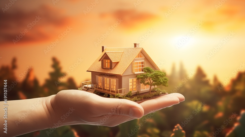 Precious home on the hands, real estate investment and housing architecture and sunset background - obrazy, fototapety, plakaty 