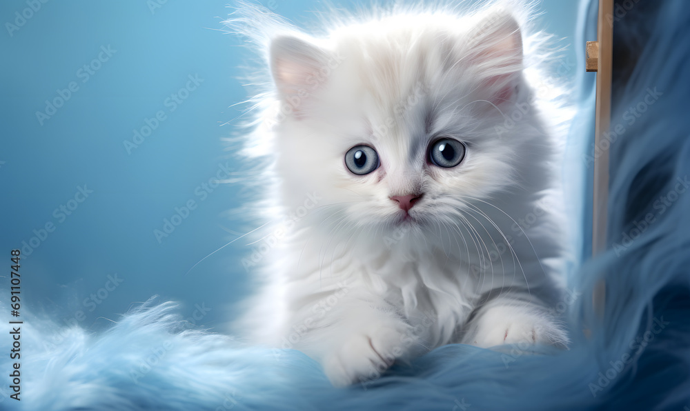 Cute white kitten with big eyes facing forward, copy space background