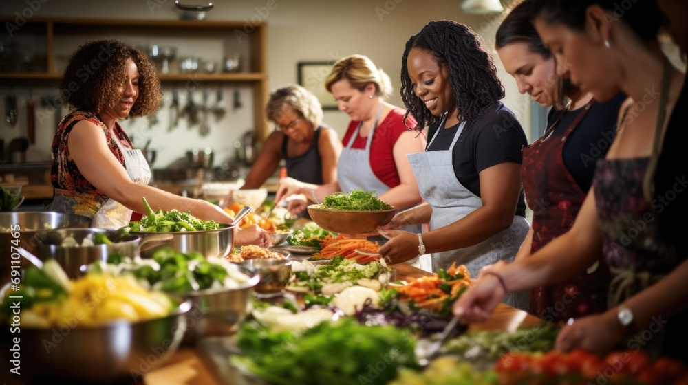 A diverse group of individuals donning aprons stands around a large central island. Guided by an expert chef. A diverse group of individuals donning aprons stands around a large central island. Guided by an expert chef.