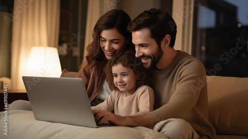 Photo of happy family watching together video online in a laptop while sitting comfortably at home