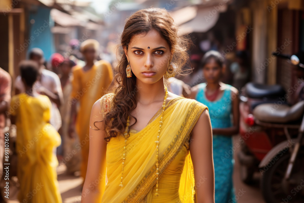 An Indian woman model wearing a yellow sundress in the village