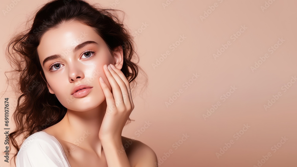 Brunette woman with a healthy glowing skin apply a skincare product Brunette woman with a healthy glowing skin apply a skincare product