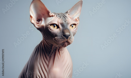 Sphynx cat on light gray background copy space
