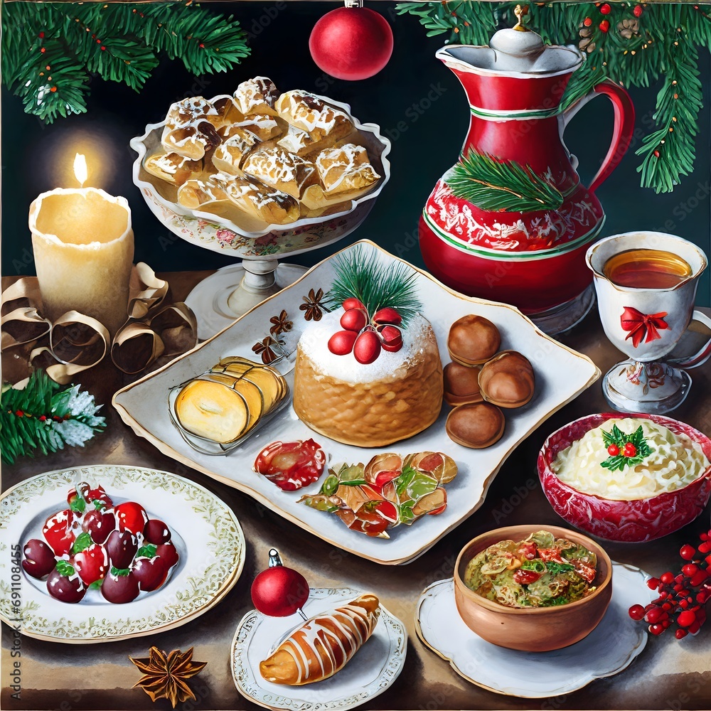 Christmas table with cookies and cakes Christmas table with cookies and cakes