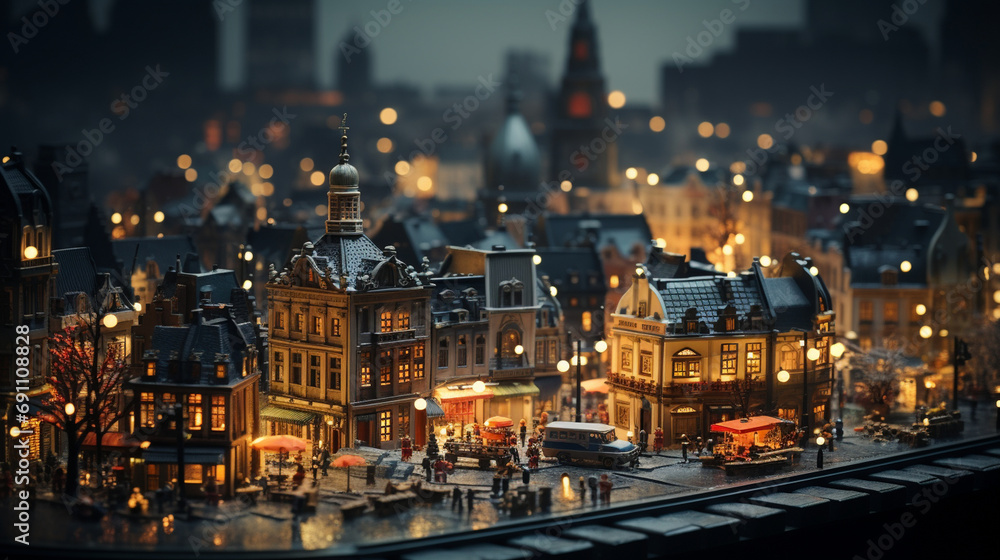 Miniature cityscape, lights twinkle in the night. Tilt-shift magic, a dreamer's sight. European charm, a scaled-down delight.