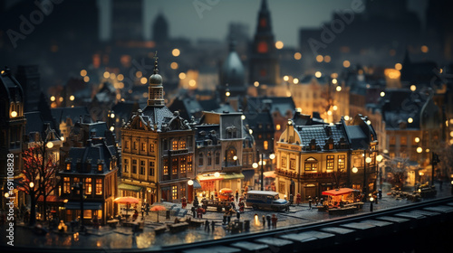 Miniature cityscape, lights twinkle in the night. Tilt-shift magic, a dreamer's sight. European charm, a scaled-down delight.