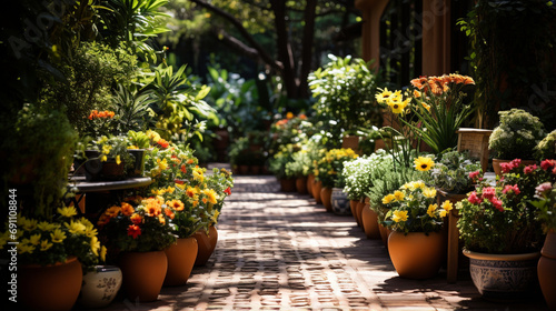 Verdant parade, nature's artful show. Pots align, a garden's row. Life in bloom, a tranquil tableau.