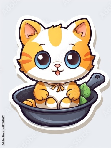 Cartoon sticker cute kitten in a kitchen pan  AI
