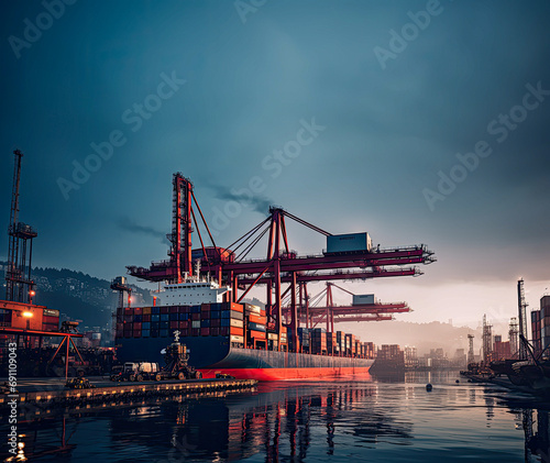 background  logistic  shipping  transportation  cargo  trade  transport  export  import  commerce. the most global shipping operations ship boat cargo container and crane on ocean background.