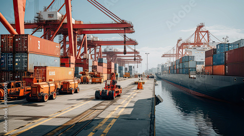 background, logistic, shipping, transportation, cargo, trade, transport, export, import, commerce. the most global shipping operations ship boat cargo container and crane on ocean background. photo