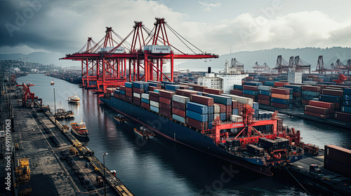 background, logistic, shipping, transportation, cargo, trade, transport, export, import, commerce. the most global shipping operations ship boat cargo container and crane on ocean background.