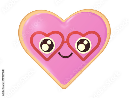 Festive pink cookie heart character wearing red glasses. Cake decorated with royal icing for Valentine's day, wedding, birthday