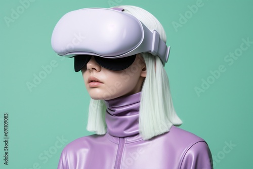 girl in virtual reality glasses and a headset on gray background, 3d