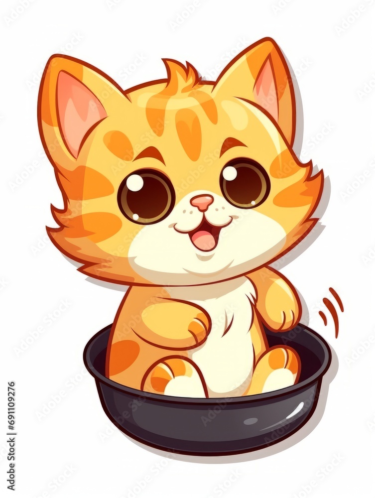 Cartoon sticker cute kitten in a kitchen pan, AI Cartoon sticker cute kitten in a kitchen pan, AI