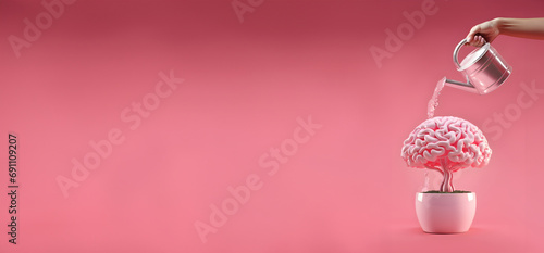 The brain grows in a pot and the hand waters it from a watering can on pink background. Creativity, idea, success. Grow ideas. Banner. AI generated.