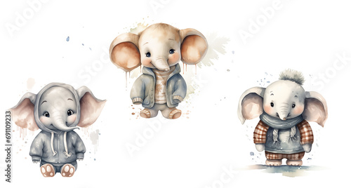 bébé éléphants joufflus habillés avec des joggings vêtements streetwear, isolés sur fond blanc. illustration aquarelle style chibi tons neutres photo