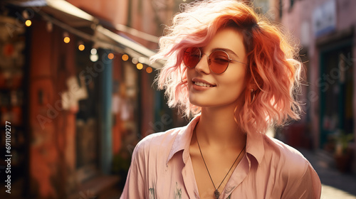 Non binary smiling confident soft girl from Gen Z generation wearing bright casual suit and sunglasses, Peach Fuzz coloured hair, thinking of mental health walking on the cozy medieval alley photo