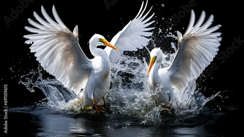 Grandes aigrettes ouvrant leurs ailes dans l'eau photo