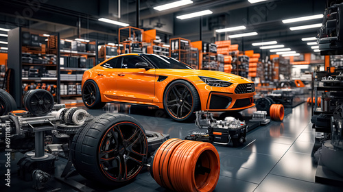 Orange sports car in the auto repair shop. 3D rendering. 