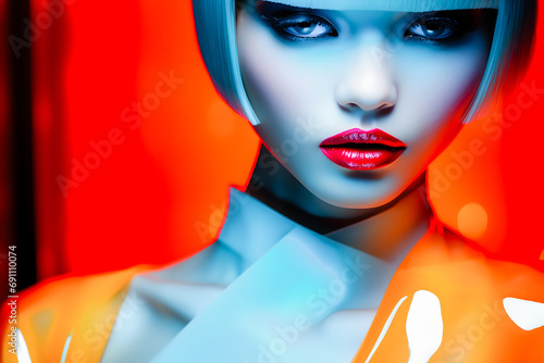Portrait de femme brune avec du rouge à lèvres dans un univers orange photo