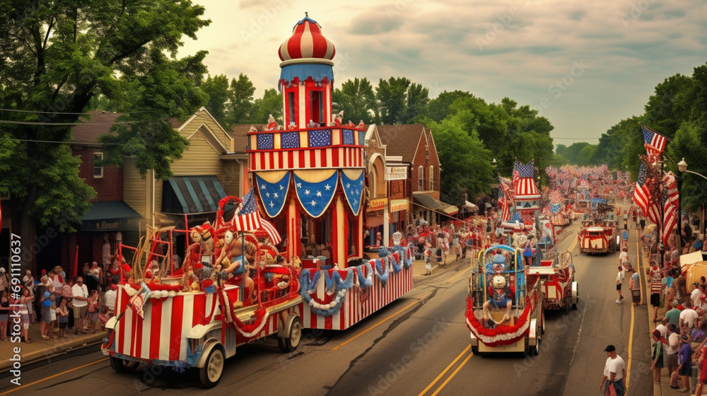 a panoramic view of a small-town parade, featuring marching bands, floats, and enthusiastic participants celebrating the spirit of Independence Day