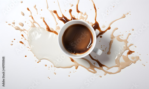 A cup of spilled coffee can be seen from above the background copy space