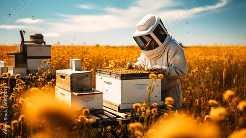 Apiculteur en combinaison récupérant le miel dans la ruche avec des abeilles volant autour de lui photo